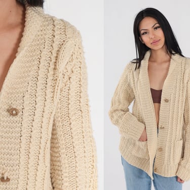 Cable Knit Cardigan 80s Oatmeal Open Front Fisherman Sweater Retro Basic Chunky Fall Grandpa Cableknit Pockets Acrylic Vintage 1980s Large L 
