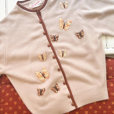 1950s Schiaparelli Cashmere Butterfly Appliqué Cardigan 