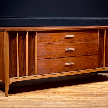 Restored Kent Coffey Walnut and Brass Nine Drawer Dresser Credenza Sideboard - Mid Century Modern Danish Style Furniture 
