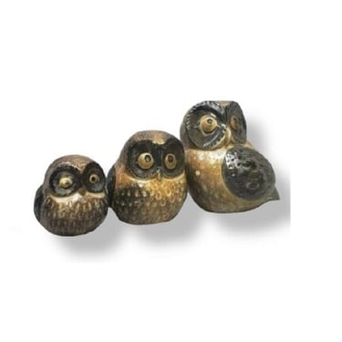 1960s Vintage Owl Figurine Family, Mid Century 3 Woodland Big Eyed Birds, Japan Stoneware, Earthy Rustic Owls Home Decor, Vintage Wall Decor 
