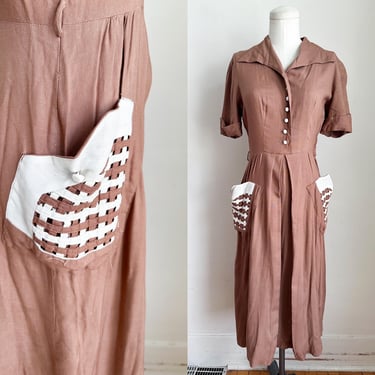 Vintage 1940s Brown & White Day Dress / XS 