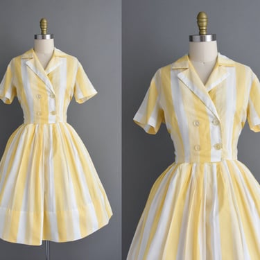 vintage 1960s dress | Buttercup Yellow Stripe Print Short Sleeve Full Skirt Shirt Dress | Medium Large | 60s dress 