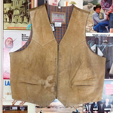 1980s - 90s Camel Colored Zip Front Suede Vest by Permit Platinum XL | Vintage, Western, Cowboy, Ranchwear, Flannel, Rugged Look, Worn 
