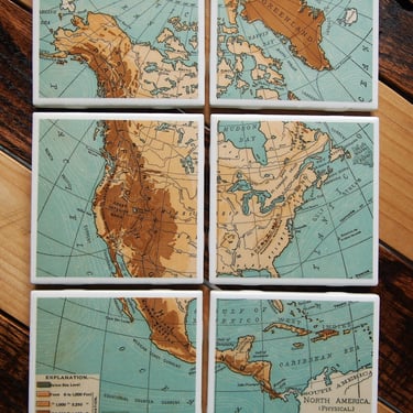 1899 North America Physical Map Coaster Set of 6. United States Map. Vintage US Décor. American History Gift. Elevation Map. Antique America 