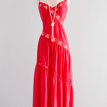 Red Hot 1980's Cherry & Lace Full Length Slip Gown / Sz M/L