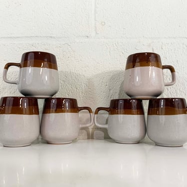Vintage Mod Striped Mugs Set of 6 Cups Ceramic Brown White Drip Glaze Coffee Mug Tea Mid Century Retro Kitsch 1970s 