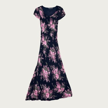 (S) 90s/Y2K Bias Cut Black and Pink Floral Short Sleeve Maxi Dress