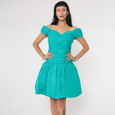 Vintage 80s Party Dress Off Shoulder Teal Prom Mini Dress Bubble Hem 1980s Sweetheart Neckline Striped Taffeta Cocktail Smocked Small Medium 