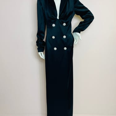 Vtg 80s black silk satin Jacqueline de Ribes tuxedo rhinestone dress M 