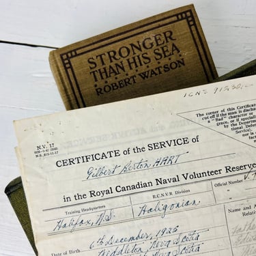 Antique WWII Certificate of Service, Royal Canadian Naval Volunteer Reserve, 1940, Gilbert Berton Hart, military souvenir, memorabilia, rare 