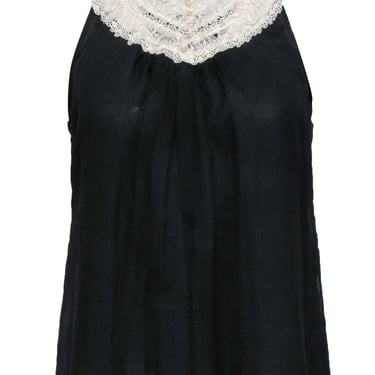Wendy Hil - Black Sleeveless Silk Blouse w/ Lace Collar Sz S