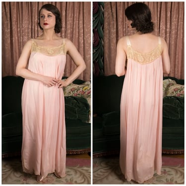 Antique Nightgown - Fine Pink Silk Generously Draped Antique 1910s or early 20s Nightgown with Ivory Filet Lace and Ribbon Straps 