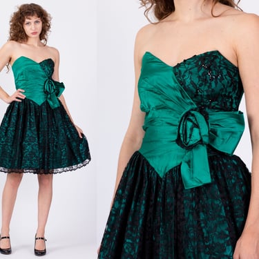 80s Gunne Sax Green Satin & Black Lace Party Dress - Small | Vintage Strapless Fit and Flare Prom Formal Gown 