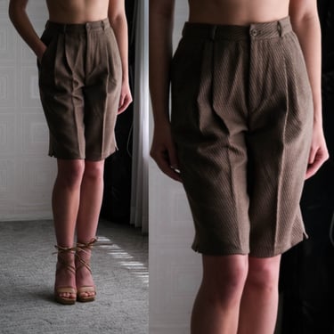 Vintage 80s GIORGIO ARMANI Brown Diagonal Stripe High Waist Pleat Bermuda Shorts | Made in Italy | 100% Wool | 1980s ARMANI Designer Shorts 