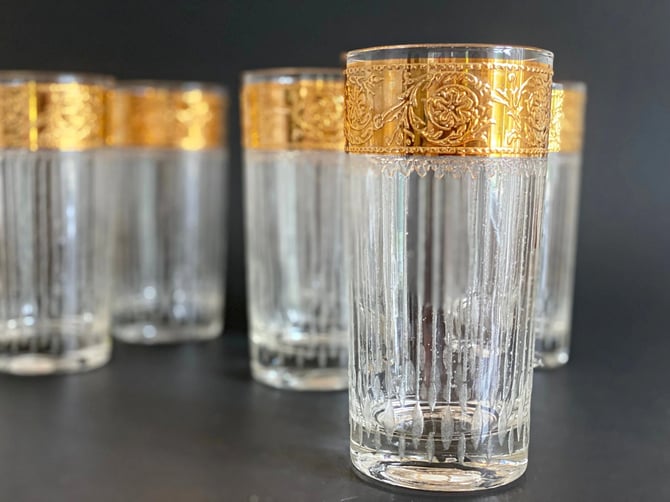 Mid Century Culver Glassware / Tyrol Gold Band Highball Cocktail Glasses / Whiskey Tumblers / Glam Hollywood Regency Barware 