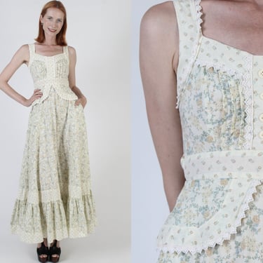 Gunne Sax Calico Floral Peplum Dress, Vintage 70s Cottagecore Prarie Sundress, Sweetheart Crochet Trim Boho Gown 