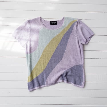 pastel purple sweater | 80s 90s vintage avant garde abstract lavender purple lime green cotton short sleeve sweater 