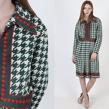 70s Houndstooth Print Dress / Vintage 1970's Plaid Office Day Dress / Carefree Brunch Pleated Mini Dress 