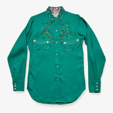 Vintage 1950s Las Vegas by COWBOY JOE Rayon Gabardine Western Shirt ~ size S ~ Rockabilly ~ Embroidered ~ 
