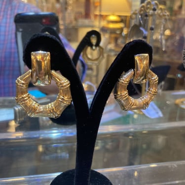 Vintage signed Monet bamboo clip hoop earrings (1.5")