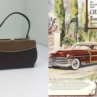On the Move - Vintage 1950s 1960s Town & Country Two Tone Brown Suede Leather Handbag Purse 