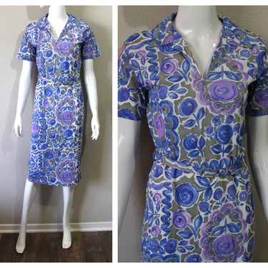 Vintage 40s 50 Abstract Floral Wiggle Dress Slinky Acetate Dress Cobalt Blue Purple Atomic // US 4 6 8 Small Medium 
