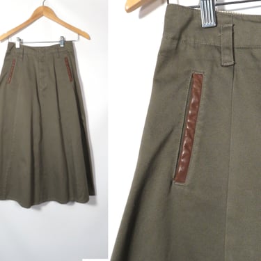 Vintage 80s Banana Republic Savanna Skirt Full Dark Olive Green Cotton Midi Skirt With Leather Accents Size 25 Waist 