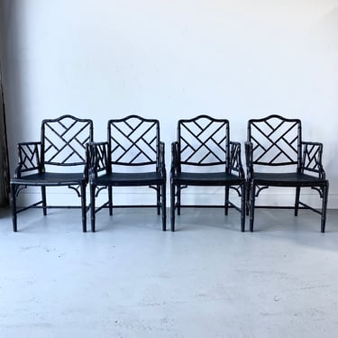 SOLD Set of 4 Chinese Chippendale Chairs with Faux Bamboo & Rattan Cane Seats - Hollywood Regency Chinoiserie Fretwork Dining Furniture 