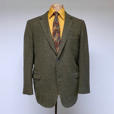 Vintage 1960s Green Wool Herringbone Sport Coat, Traditional English Country Gentleman, Cottagecore Mens Blazer, 44 Regular, VFG 