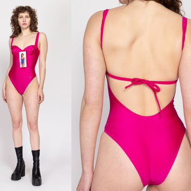 Small 80s Hot Pink Low Back High Hip Swimsuit NWT | Vintage Pearl Bead One Piece Bathing Suit 