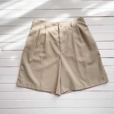 high waisted shorts | 80s 90s vintage tan light beige microfiber academia pleated trouser shorts 