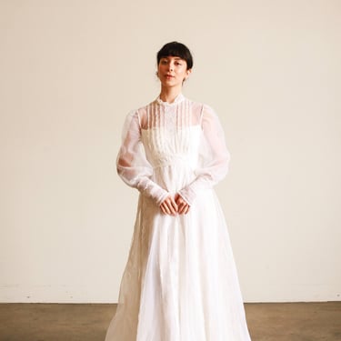 1960s White Balloon Sleeve Pleated Wedding Gown 