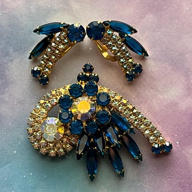 blue jeweled demi parure 1950s AB crystal brooch and earrings 