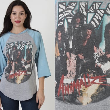 1984 Kiss Animalize 3/4 Sleeve Baseball Tee, Vintage 80s Gene Simmons T Shirt, Mens Womens Rock Band Top L 