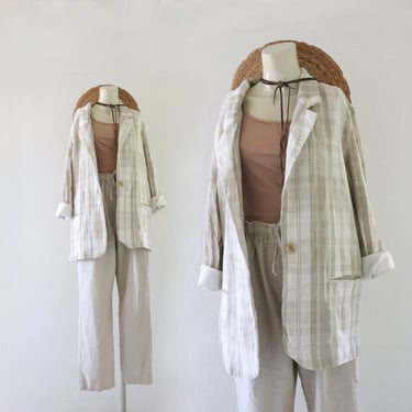 plaid linen jacket - womens vintage 90s y2k beige brown tan long sleeve light spring summer jacket shacket 