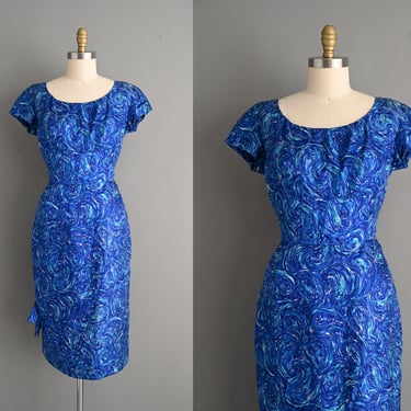 vintage 1950s Harold Blue Silk Wiggle Dress - Size Large 