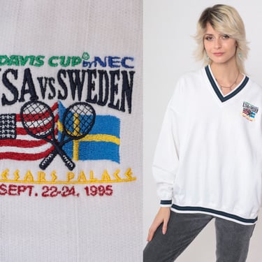 1995 Davis Cup Sweatshirt 90s USA vs Sweden Tennis Sweatshirt Semi-Finals Graphic V Neck Vintage Retro White Athletic Men's Medium 