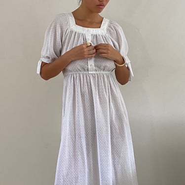 70s sheer cotton dress / vintage white cotton puffed sleeve square neck sheer Swiss dot batiste maxi prairie sun dress | Small 