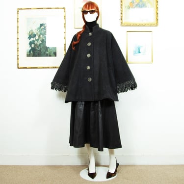 Vintage 1980s Gai Mattiolo Dark Grey Wool Cape Coat With Fringes And Buttons One Size M 