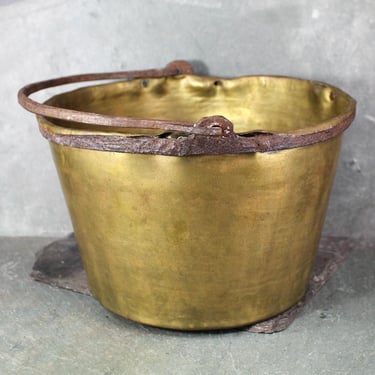 Antique Brass Pot | Apple Butter Kettle | 10" Brass Cauldron with Iron Handle | Circa 1900 | Antique Kitchen | Bixley Shop 