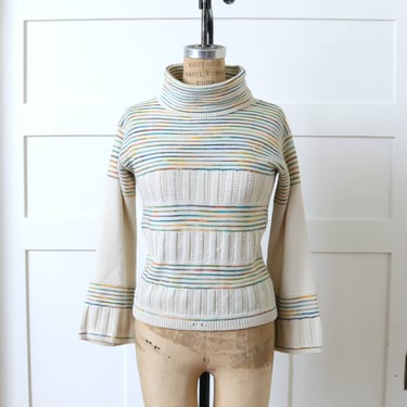 vintage 1970s cowl neck sweater • boho hippie rainbow striped pullover knit top 
