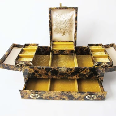 Vintage 60s Lady Buxton Large Trifold Jewelry Box - 1960s Retro Gold Velvet Lined Jewelry Case - Brown Gold Abstract Marble Print 