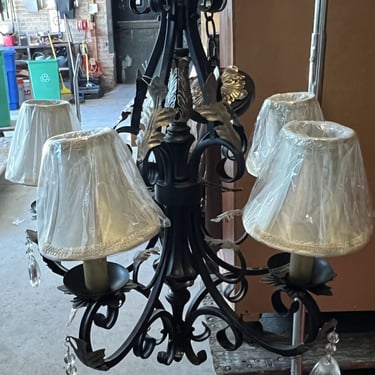 Black &#038; Gold Contemporary 5 Light Chandelier w/Cloth Shades &#038; Prisms