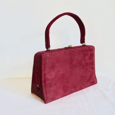 Vintage 1960's Maroon Burgundy Suede Rectangular Structured Purse Top Handle Gold Clasp Hardware Mid Century Handbags 60's Fall Winter 