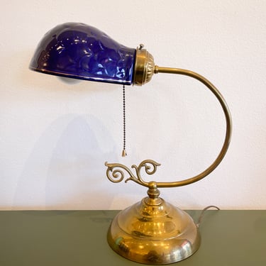 Vintage Blue Ceramic and Brass Table Lamp