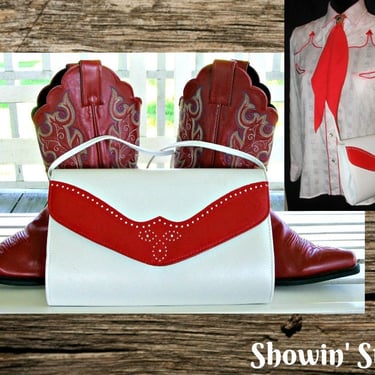 CLEARANCE!  Leather Cowgirl Purse, Vintage Western Shoulder Bag, Hand Bag, Clutch, Cross Body with Red Yoked Trim., Medium Size 