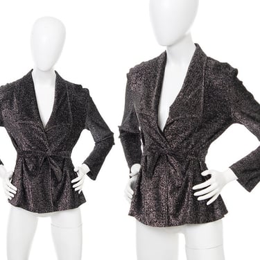 Vintage 1970s Wrap Top | 70s Metallic Sparkly Black Lurex Long Sleeve Tie Waist Jacket Disco Blouse (x-small/small) 