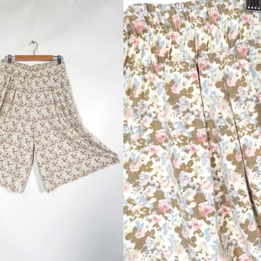 Vintage 90s Cottagecore Floral Tshirt Material Comfy Culottes With Pockets Made In USA Size M 