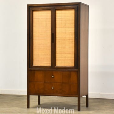 Walnut and Cane Mid Century Armoire Dresser 