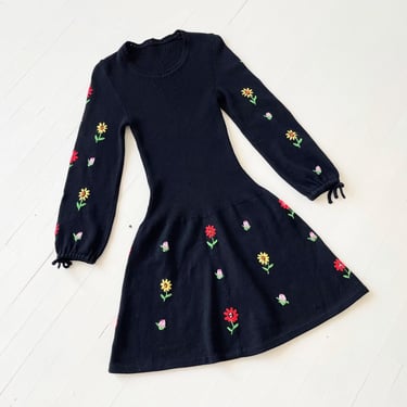 1960s Embroidered Floral Black Wool Knit Minidress 